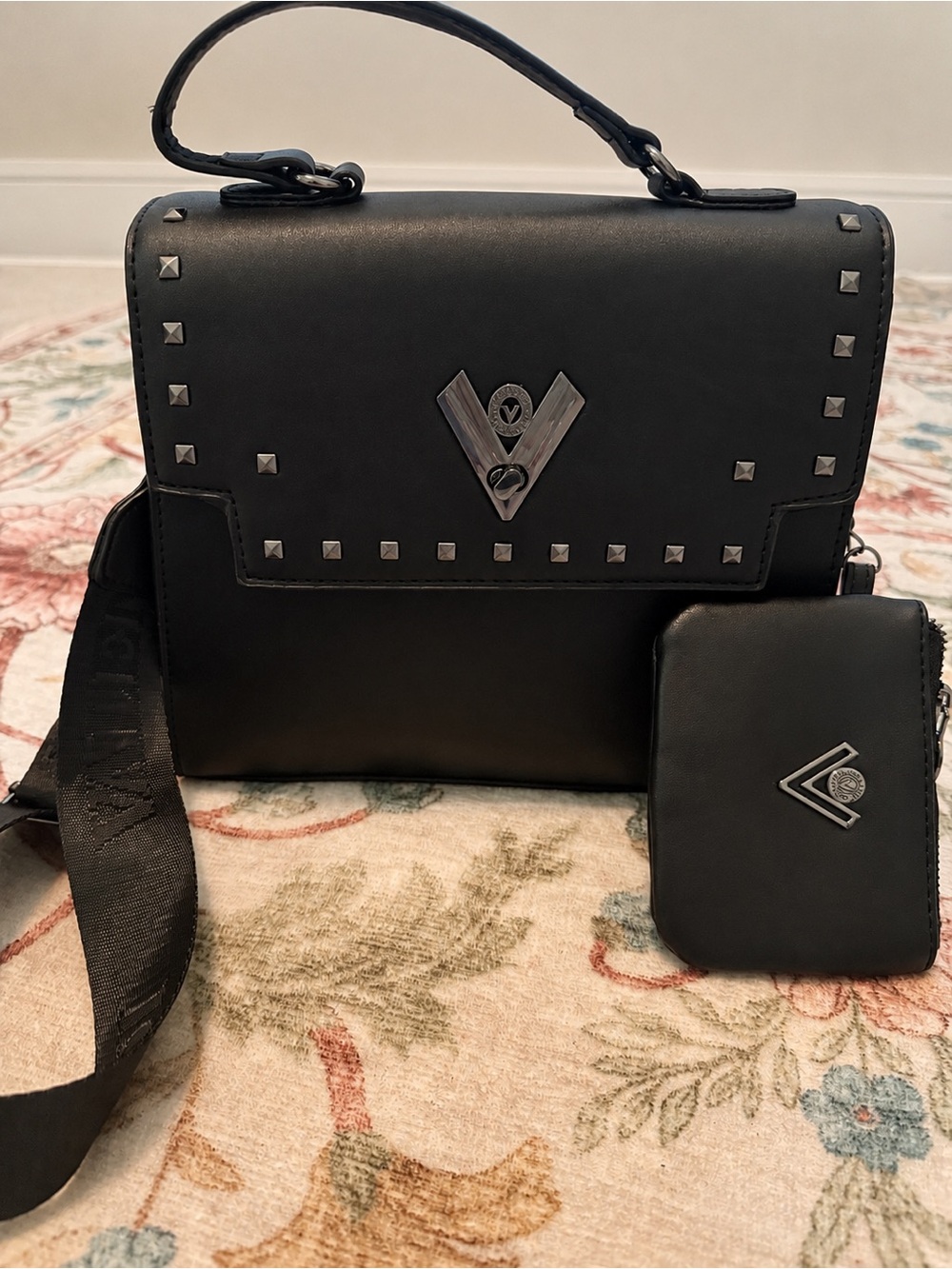 Valentino Orlandi Black Stud-Accent Messenger Bag with Zip Pouch